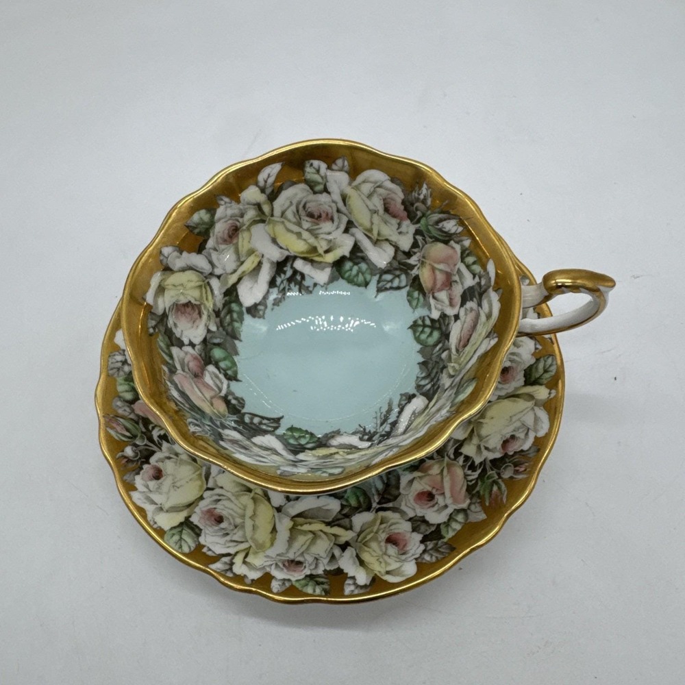 PARAGON By Appointment Double Warrant Cabbage Rose Blue Gold Gilt Cup‎ Saucer